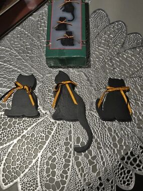 Decorative Wooden Black Cat Magnets with Orange Ribbon- Set Of 3